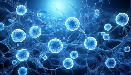 Wall Mural - medical research concept microscopic view of glowing cells in blue backg