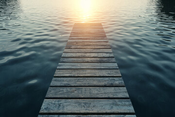 Poster - An old wooden dock extending into a calm lake during sunset, with golden light reflecting on the