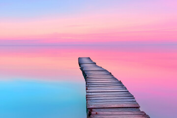 Poster - A tranquil lake view with an old wooden dock partially submerged, bathed in soft sunset light with