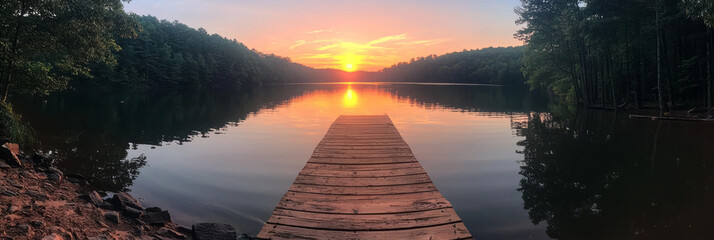 Poster - A peaceful sunset landscape featuring an aged wooden pier stretching into still lake waters, with