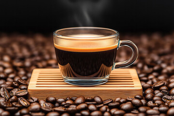 Poster - A soft morning light composition with a glass espresso cup on a natural wood tray, accented by