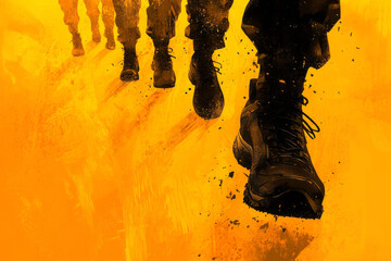 Aufkleber - A stylized image of walking shoes casting crisp shadows on a golden path, evoking mindfulness,