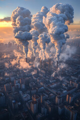 Aufkleber - A wide-angle view of a city skyline with factories in the background releasing clouds of pollution