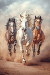 Poster - A serene moment of wild horses running side-by-side across a barren desert landscape, dust swirling