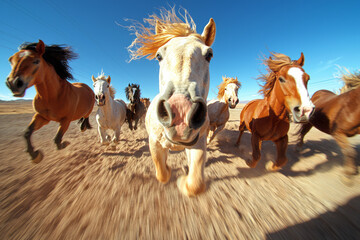Poster - A majestic group of wild mustangs sprinting across cracked desert ground, captured with a low-angle
