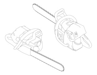 Poster - Two chainsaws are shown in a black and white drawing. The chainsaws are positioned next to each other, with one on the left and the other on the right. Concept of precision and attention to detail