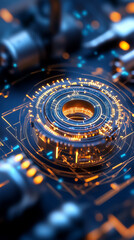 Poster - Futuristic circular interface illuminated with orange lights showcases intricate circuit designs and patterns. High-tech digital environment creating concepts for technology, software, innovation