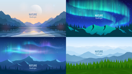 Wall Mural - Set of night landscapes. Northern lights, view of mountains and lake, foggy landscape with mountain ranges. Background design, travel banners, business cards, postcards.