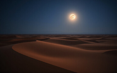 Poster - A serene night scene unfolds with a glowing full moon illuminating the tranquil desert landscape. Rolling sand dunes stretch across the horizon under a deep blue sky, creating a peaceful and calm atmo