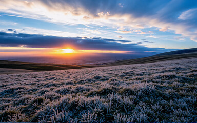 Poster - Golden sun dips below horizon, casting warm glow on frosted hills and cloudy sky. Winter landscape with icy grass under colorful sunset.