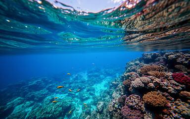 Aufkleber - A vibrant underwater scene captures a colorful coral reef teeming with marine life, viewed from above and below the water's surface, showcasing the beauty of the ocean.