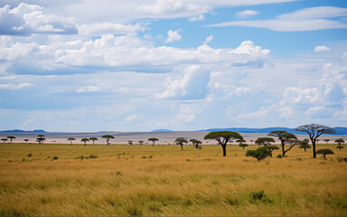 Poster - A vast savanna landscape unfolds under a blue sky with scattered white clouds. Sparse trees dot the golden grassland that stretches to the distant horizon. The scene evokes a sense of open wilderness.