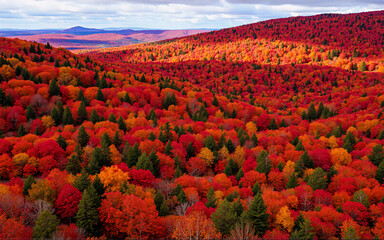 Poster - Vibrant fall scene displays rolling hills covered in a dense forest with colorful foliage. Red, orange, and yellow leaves dominate the autumnal landscape under a sunny sky.