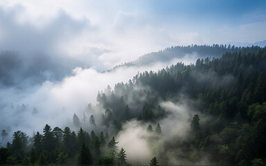 Poster - Misty forest landscape with fog rolling over evergreen trees. Sunlight breaks through clouds creating a serene and atmospheric scenery.