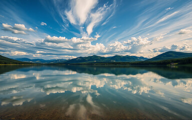 Poster - A serene landscape features a calm lake mirroring a dramatic blue sky filled with white clouds above distant dark mountains. The water reflects the sky creating a peaceful, tranquil scene.