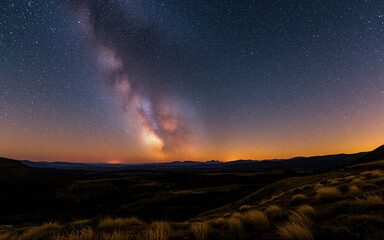 Poster - Vast night sky displays the Milky Way gracefully arching over a dark, hilly landscape. A soft horizon glow contrasts with the tranquil foreground.