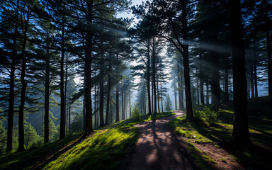 Poster - A dirt path meanders through a dense forest, illuminated by sunbeams piercing the tall trees. Light and shadow interplay creating a tranquil, natural scene.