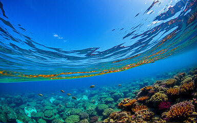 Aufkleber - Sunlit underwater scene of a vibrant coral reef teeming with fish. Clear blue ocean water and the sky are visible above the surface, showcasing a beautiful marine ecosystem.