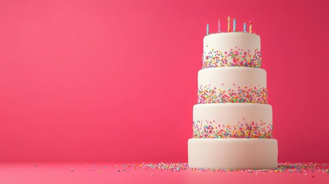 3D-rendered birthday cake mockup with rainbow sprinkles, perfect for bakery branding or advertisement, on a vibrant background