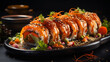 © Latif - Sushi set with neatly arranged rolls on a dark plate with garnish