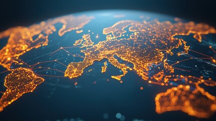 Poster - Detailed Global Map with Bright Network Connections Highlighting Major Cities and Regions in Europe and Beyond