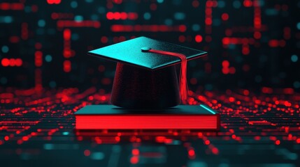 Poster - Graduate Cap on Book with Digital Elements, Symbolizing Education and Technology in Modern Learning Environments