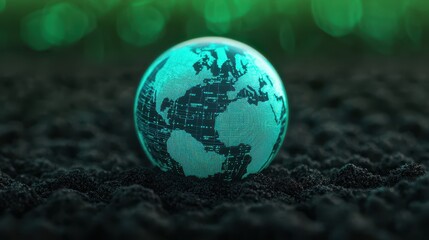 Poster - Futuristic glowing globe on dark textured surface representing global connectivity and modern technology