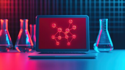 Poster - Laptop Displaying Molecular Structure in Laboratory with Glassware in Blue and Red Ambient Light
