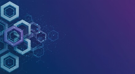 Poster - Abstract Hexagon Network Digital Technology Background Purple Blue Geometric Shapes