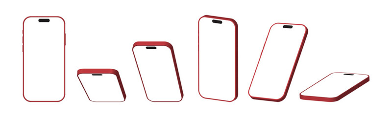 Poster - 3D Red Smartphone and Mobile Phone Mockup: Multiple Angles with White Screen on White Background.  Vector illustration.
