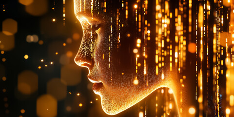 Fototapete - Profile of a human head surrounded by cascading golden particles creating a glowing aura. Dark background enhances the vibrant light effects. Concept of digital art, innovation, beauty industry