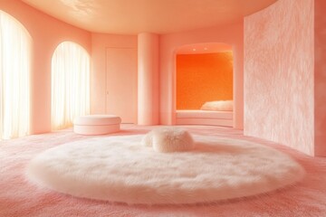 Poster - A pink and orange room with a white fluffy carpet, a large round bed in the middle of the floor, round arches on the wall, minimalist design. This is a calm space that embodies luxury and comfort.