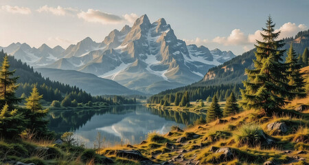 Poster - A serene mountain landscape features a calm lake mirroring snow-capped peaks. Evergreen trees and grassy hills dot the terrain under a partly cloudy sky.
