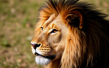 Poster - Majestic lion with a golden mane looks intently to the side.  Its powerful features are highlighted in the sunlight against a soft, natural background.