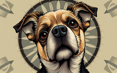 Poster - A charming dog with a tilted head and big brown eyes is depicted in a digital art style. The background is a beige tone with a decorative circular pattern.