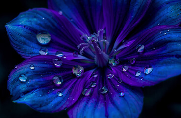 Aufkleber - A vibrant blue and purple flower in full bloom is adorned with glistening water droplets on its delicate petals, set against a dark backdrop.