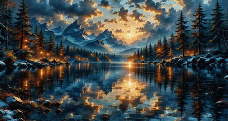 Aufkleber - Snowy mountain landscape reflecting in a tranquil lake at sunrise/sunset. Pine trees line shores as warm light illuminates serene and picturesque scene.