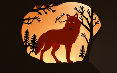 Aufkleber - Silhouette of a wolf stands amidst trees against an orange backdrop. Evokes a wild, natural scene at dusk or night.
