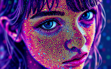 Aufkleber - Close-up portrait features a face covered in bright, colorful dots, creating a vibrant and artistic illuminated effect.