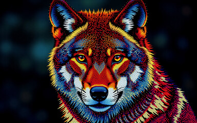 Aufkleber - A vividly colored wolf with a striking gaze dominates the frame.  Its fur displays a beautiful array of reds, oranges, blues, and yellows creating a captivating portrait.