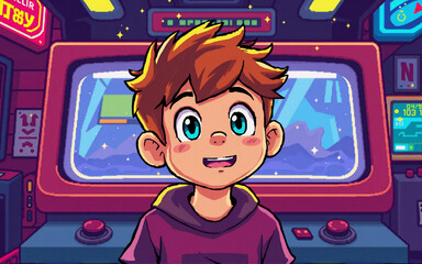 Poster - A happy cartoon boy with brown hair smiles in a vibrant retro arcade room filled with colorful neon-lit game machines. He looks excited and ready to play.