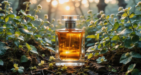 Poster - Perfume bottle in nature, illuminated by warm sunlight. Green foliage surrounds the glass container, creating a natural and elegant scene in a botanical setting.