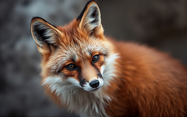 Poster - A close-up portrait of a red fox with a bushy tail, looking directly at the camera with curious eyes against a blurred natural background.