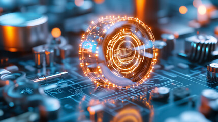 Poster - Glowing circular element on futuristic circuit board highlighting intricate technology details. High-tech setting with vibrant lighting and blue tones