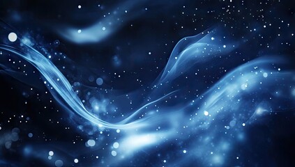 abstract dark blue background with flowing light streaks and sparkling particles