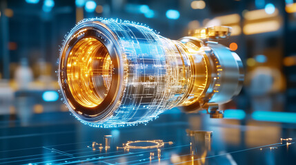 Poster - High-tech camera lens displayed on sleek surface with digital hologram effect. Modern studio setting features bright lighting and futuristic atmosphere. Concept of photography, innovation, technology