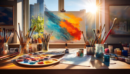 Aufkleber - A vibrant artist's studio filled with paintbrushes and colorful paints, illuminated by sunlight, showcasing a colorful canvas in progress