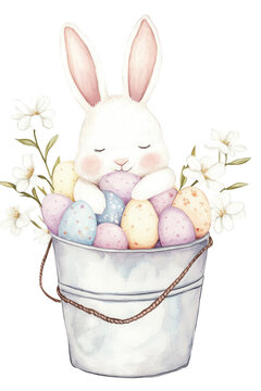 Watercolor illustration of an adorable, cute Easter bunny sleeping in a bucket filled with colorful eggs, png