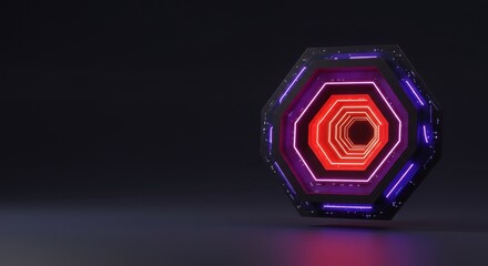 Poster - Neon Octagon Portal: Futuristic 3D Render of a Glowing Hexagonal Tunnel