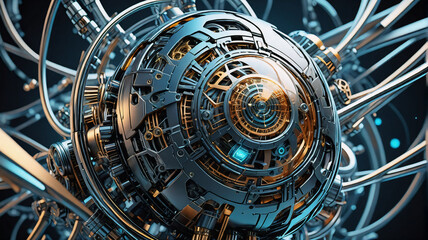 Poster - Intricate metallic sphere with gears and tubes against a dark backdrop.  A complex and futuristic technological design with detailed mechanical components.